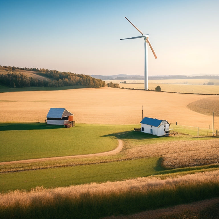 A serene rural landscape with a solitary, modern wind turbine standing tall amidst green pastures, surrounded by a few rustic, off-grid cabins and a meandering dirt path under a clear blue sky.