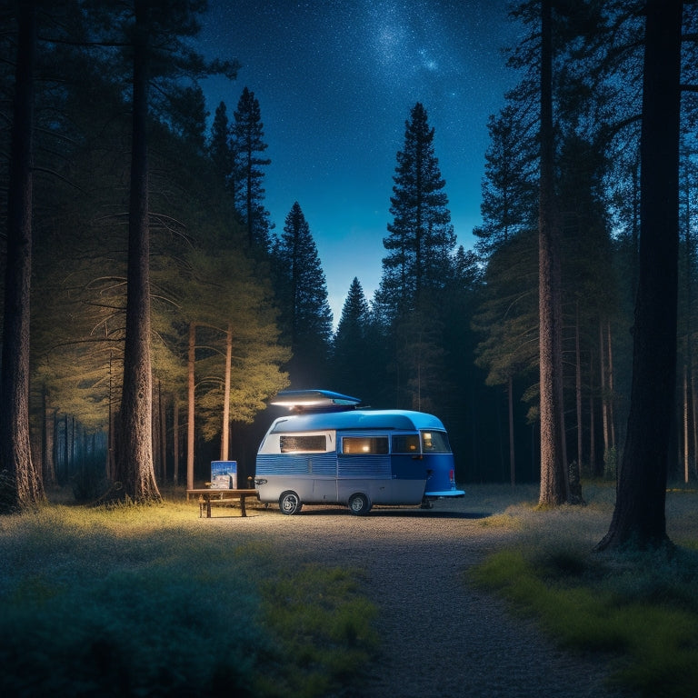 A serene forest landscape at dusk with a parked camper van, its roof adorned with solar panels, surrounded by camping gear and a few scattered trees, under a warm, starry night sky.