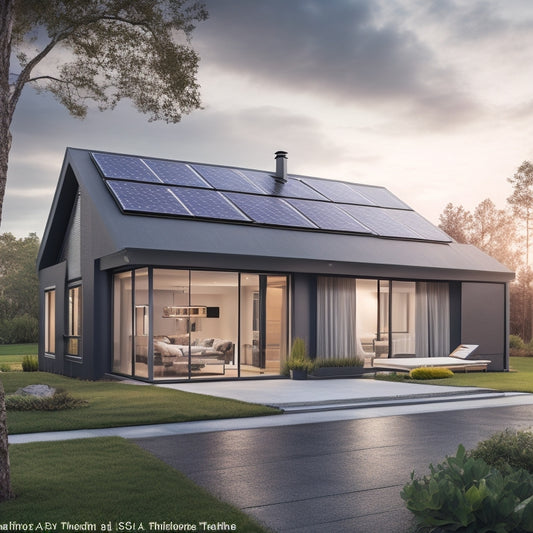 A modern, sleek home with solar panels on the roof, a Tesla Powerwall visible through a window, and a smartphone displaying a battery charge level, surrounded by subtle circuitry patterns.