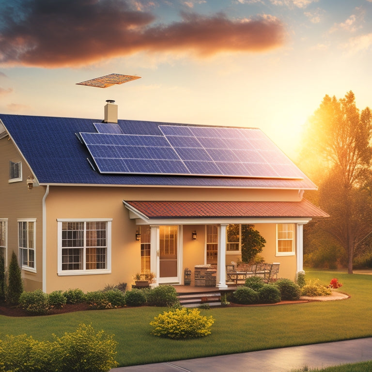 An illustration of a suburban home with a rooftop solar panel installation, surrounded by a mix of sun and clouds, with a subtle grid of dollar signs and percentages in the background.