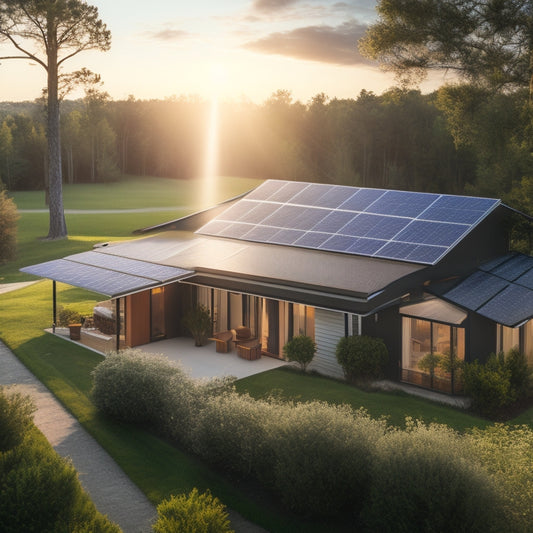 A serene landscape with a modern suburban home, solar panels installed on its roof, surrounded by lush greenery, with a faint sun shining down and a subtle grid of dollar signs in the background.