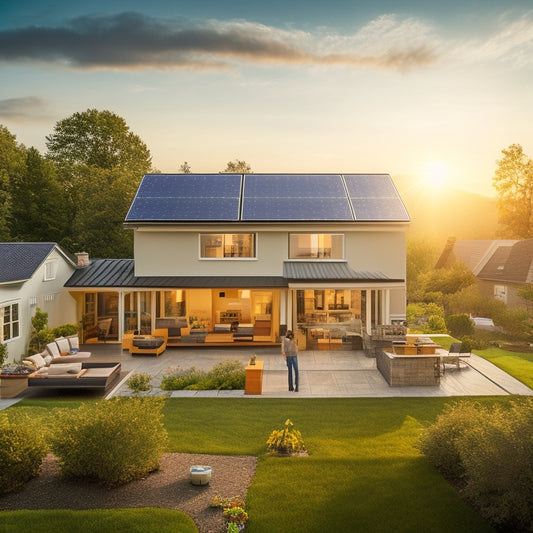 A serene landscape with a modern suburban house featuring a partially installed solar panel array on its roof, surrounded by tools and technicians in various stages of installation.