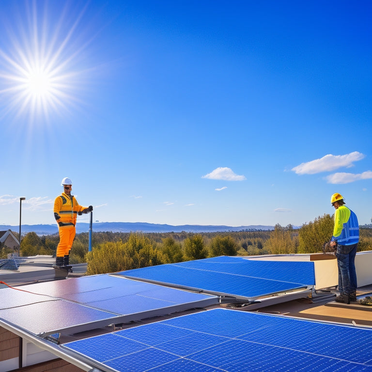 A bright blue California sky with a few wispy clouds, a modern suburban home with a sleek black solar panel array on the roof, a yellow hard-hat-wearing worker in the foreground, inspecting the installation.