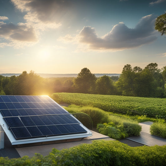 A serene landscape with a modern, sleek, black solar panel array on a rooftop, surrounded by lush greenery, with a subtle sunburst in the background and a few wispy clouds.