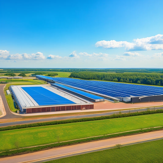 An aerial view of a large, modern industrial facility with a rooftop covered in sleek, black solar panels, surrounded by a lush green environment and a bright blue sky with a few puffy white clouds.