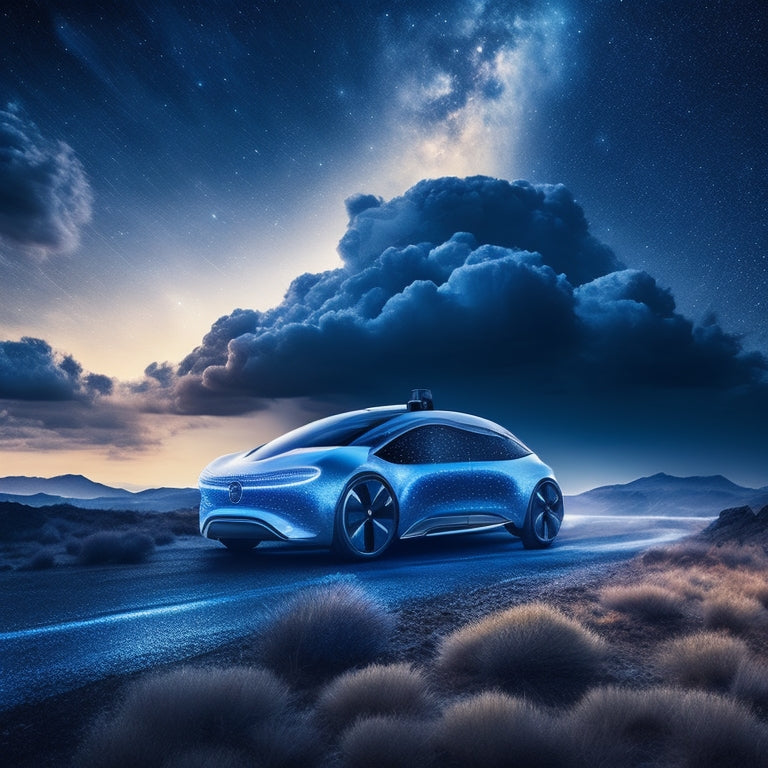 A futuristic, high-tech illustration depicting a sleek, silver autonomous vehicle surrounded by swirling clouds of data, with various sensors and cameras mounted on its body, set against a dark blue, starry night sky.