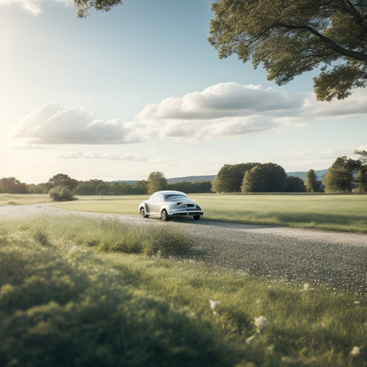 A serene landscape with a sleek, silver car parked in a sunny meadow, its roof adorned with a sleek, black solar panel, surrounded by lush greenery and a few fluffy white clouds.