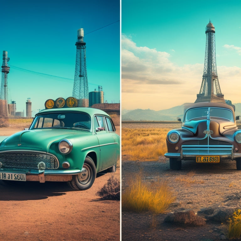 A split-screen image: a rusty, old gas-guzzling car on the left, surrounded by pollution symbols, versus a sleek, electric vehicle on the right, surrounded by eco-friendly and recycling symbols.