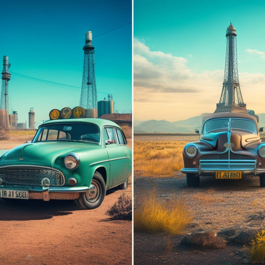 A split-screen image: a rusty, old gas-guzzling car on the left, surrounded by pollution symbols, versus a sleek, electric vehicle on the right, surrounded by eco-friendly and recycling symbols.