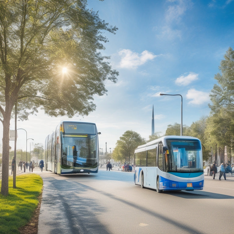 A serene cityscape with lush greenery, featuring a sleek, electric bike and a hybrid bus parked alongside a bustling bike lane, under a bright blue sky with a few puffy white clouds.