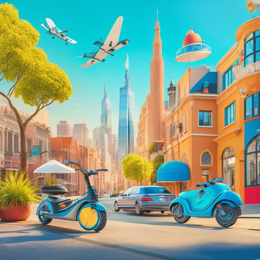 A vibrant illustration featuring a cityscape with various transportation modes, including a sleek electric scooter, a foldable bicycle, a skateboard, and a compact electric car, set against a sunny blue sky.