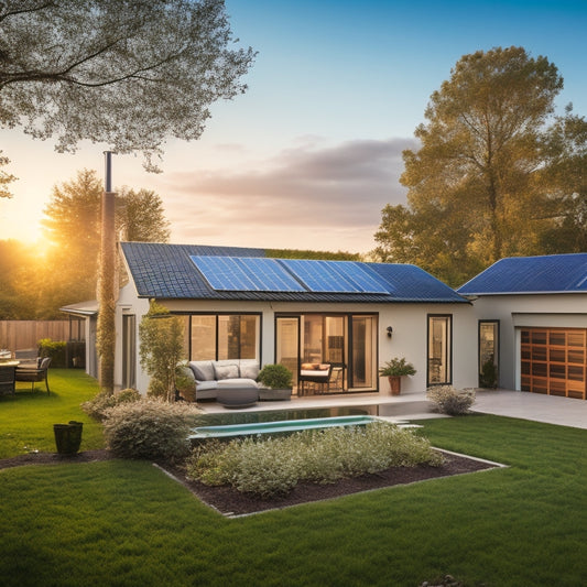 A serene, sun-lit backyard with a modern house, solar panels installed on the roof, and a few trees surrounding it, with a subtle grid of energy meters and wires in the foreground.