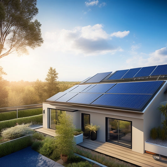 A photorealistic illustration of a modern residential rooftop with a sleek, black solar panel array, angled at 30 degrees, surrounded by neatly trimmed greenery and a clear blue sky with a few wispy clouds.