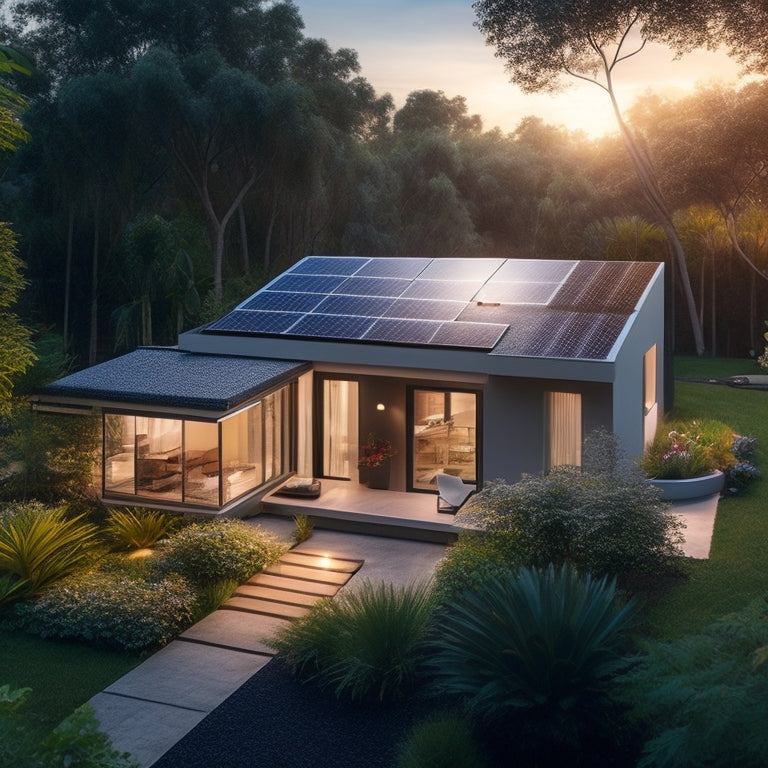 A serene, modern home surrounded by lush greenery, with a sleek solar panel array on the rooftop, connected to a sleek inverter and battery bank, amidst a tidy backyard with a few solar-powered lamps.