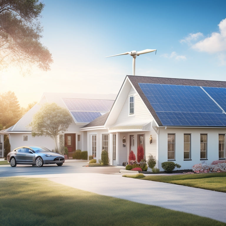 A serene suburban home with solar panels on the roof, a wind turbine in the backyard, and a Tesla charging station, set against a sunny blue sky with fluffy white clouds.