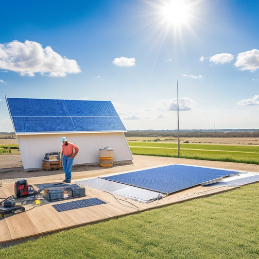 A sunny Texas landscape with a rooftop solar panel installation in progress, featuring a contractor measuring the roof, a pile of panels, and a calculator lying nearby, surrounded by a subtle Texas flag pattern.