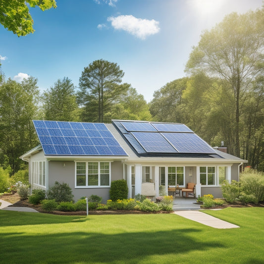 A serene suburban home with a sleek, modern solar panel array on its rooftop, set against a bright blue sky with a few puffy white clouds, surrounded by lush green trees and a vibrant garden.