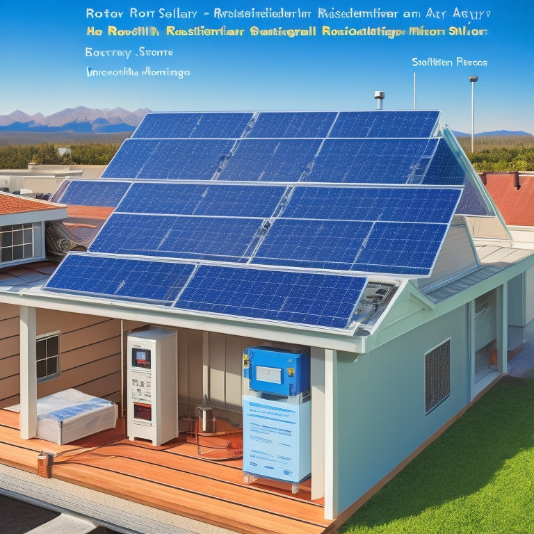 A detailed illustration of a residential rooftop solar panel array, with a cutaway section revealing a battery bank, inverter, charge controller, and monitoring system, set against a bright blue sky.