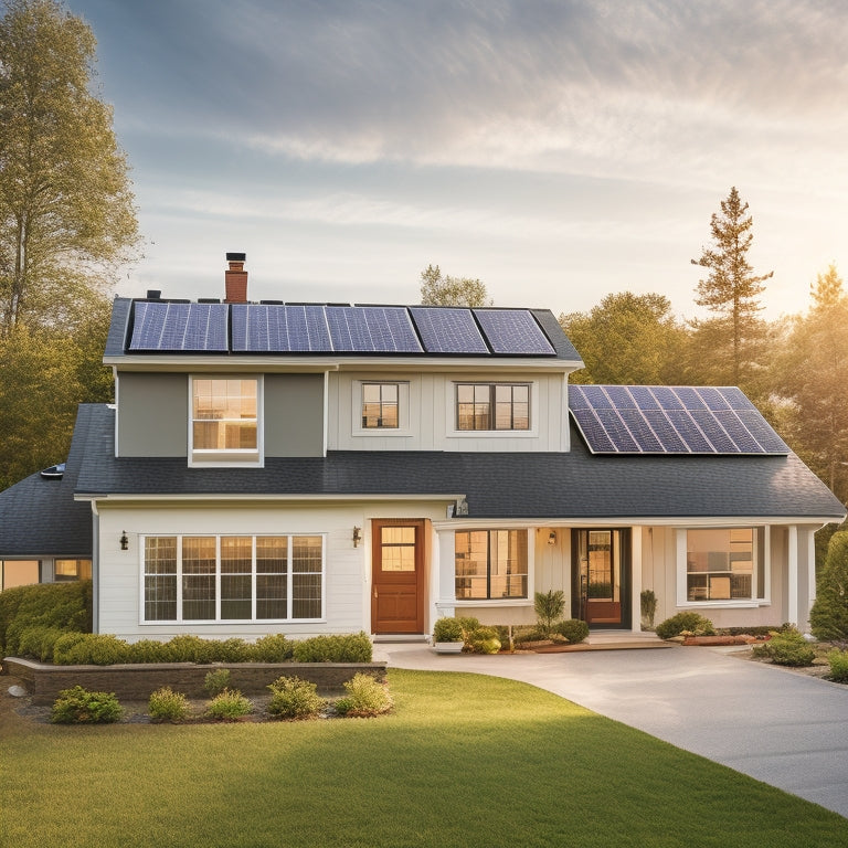 A serene suburban home with a sloping rooftop, showcasing multiple solar panels at varying angles, with visible mounting systems, connectors, and a glimpse of electrical wiring.