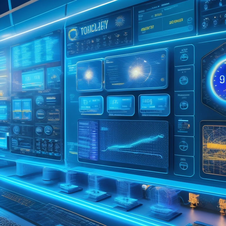 A futuristic dashboard displaying interconnected icons of solar panels, batteries, and inverters, surrounded by swirling lines and nodes, set against a bright blue background with subtle grid patterns.