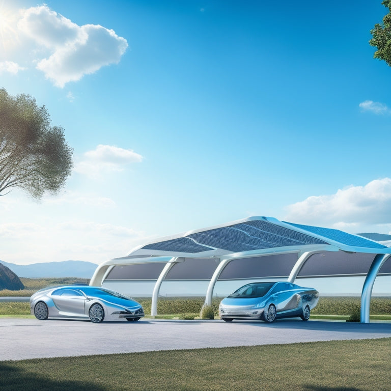 A futuristic landscape with sleek, silver electric vehicles parked under a canopy of solar panels, with bright blue skies and fluffy white clouds in the background.