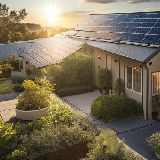 A serene, sun-kissed rooftop with a row of spotless home solar panels, gleaming with dew, surrounded by lush greenery, with a soft, white cleaning hose coiled in the corner.