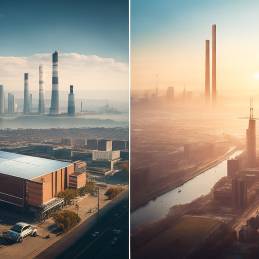 A split-screen image featuring a polluted, smog-filled cityscape with darkened buildings and factories on one side, contrasted with a bright, sunny landscape with sleek, modern solar panels and wind turbines on the other.