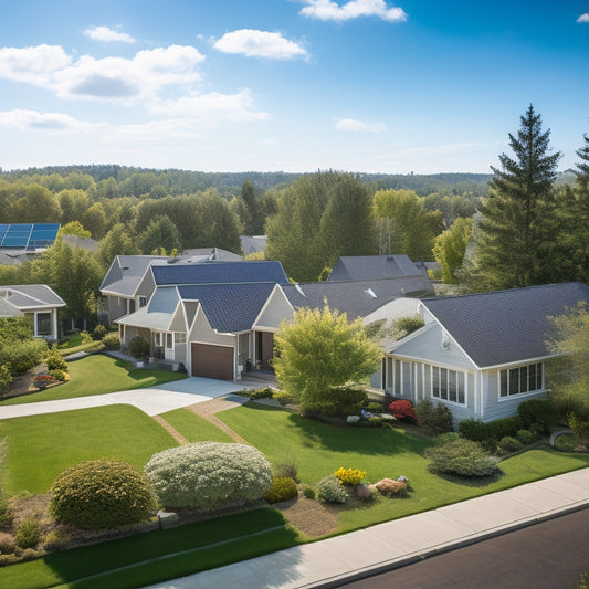 A serene suburban neighborhood with three houses, each with sleek black solar panels on rooftops, amidst lush green trees and a few fluffy white clouds under a bright blue sky.