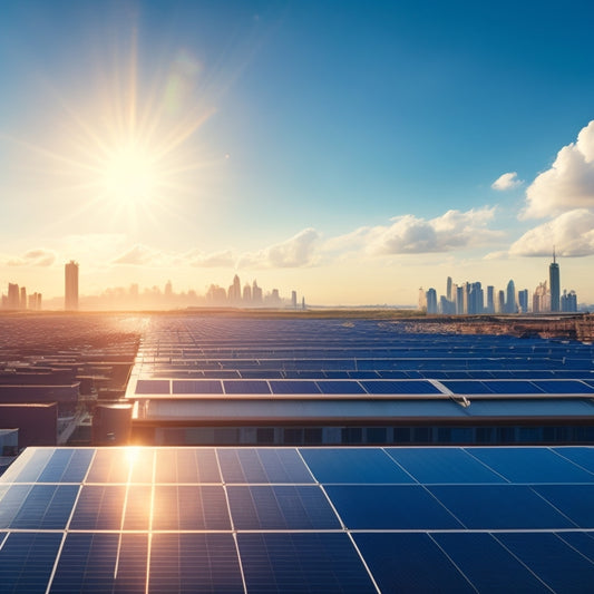 A bright blue sky with fluffy white clouds, a cityscape in the distance, and a large rooftop covered with shiny black solar panels, with a subtle sunshine glow effect.