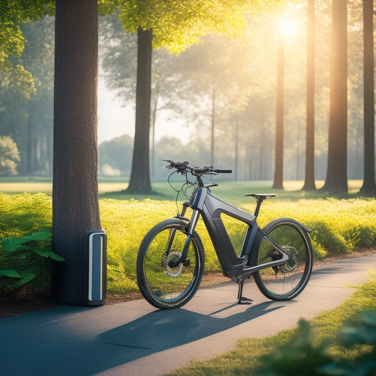 A futuristic e-bike parked in front of a sleek, modern charging station with integrated solar panels, surrounded by lush greenery and a subtle, sunny glow.