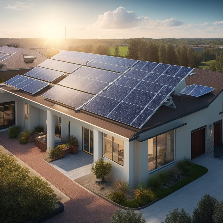 A photorealistic image of a modern residential roof with multiple solar panels installed, showcasing different brands and models, with varying angles, shadows, and sunlight reflections.