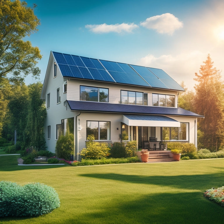 A serene suburban home with a sleek, black solar panel array on the roof, surrounded by lush greenery, with a bright blue sky and fluffy white clouds in the background.