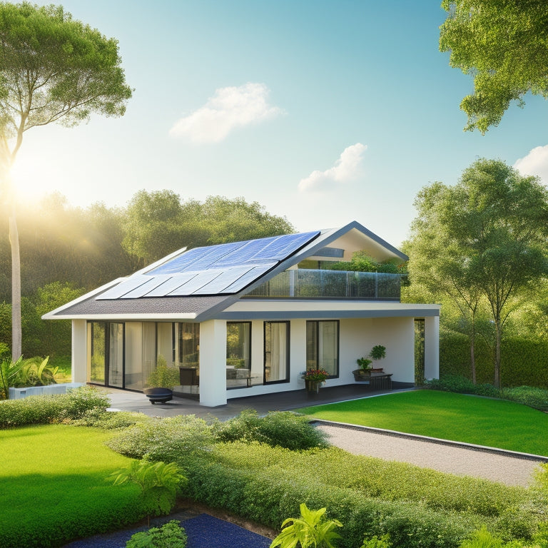 A serene, modern home with solar panels on its rooftop, surrounded by lush greenery and a bright blue sky, with a subtle hint of a green footprint or leaves embedded in the roof tiles.