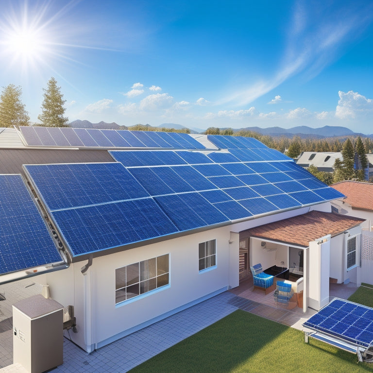 An illustration of a residential rooftop with various solar panel components, including mounted panels, inverters, and monitoring systems, surrounded by checkmarks and subtle grid lines, set against a sunny blue sky.