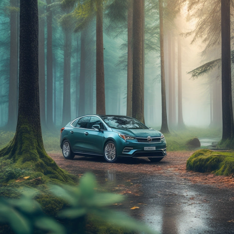 A serene, misty forest background with a sleek, eco-friendly car parked in the center, surrounded by scattered leaves and vines, with a few eco-friendly car accessories subtly integrated into the scene.