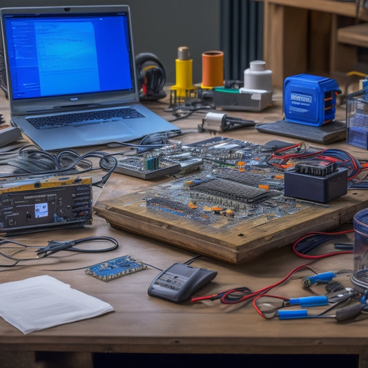 A clutter-free workshop table with a disassembled inverter, scattered tools, and a multimeter in the foreground, surrounded by various electronic components and a laptop with a circuit diagram on the screen.