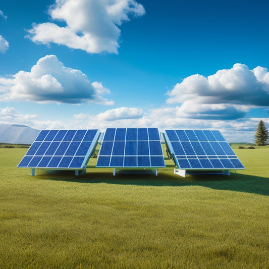 A futuristic illustration of three solar panels with corresponding battery units, each with a distinct design, situated on a green grassy hill, surrounded by blue skies and fluffy white clouds.