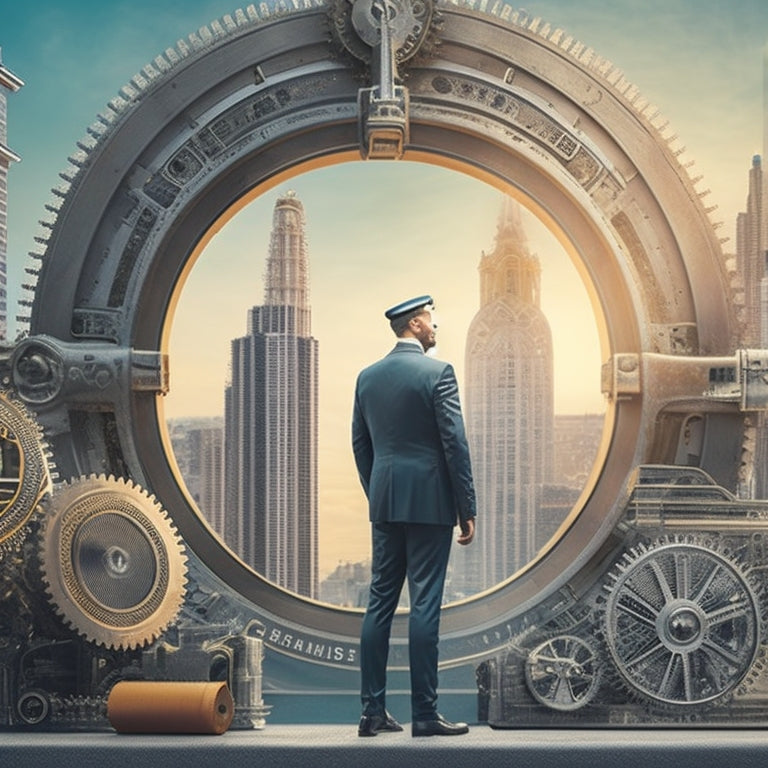 A stylized illustration of a person standing in front of a large, intricate gear system, with various sized gears and levers, surrounded by measuring tapes, rulers, and calipers, with a subtle cityscape in the background.