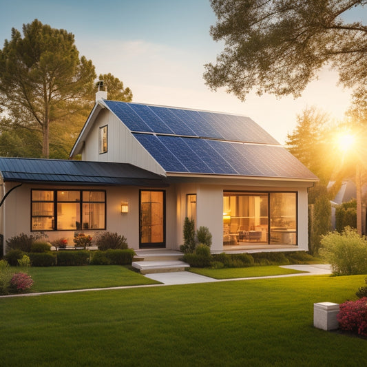 A serene suburban home with solar panels on the roof, a battery storage unit in the backyard, and a few trees with sunlight casting a warm glow, surrounded by a subtle grid pattern.