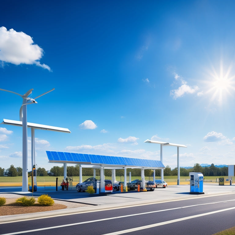 An illustration of a modern gas station with a large solar panel array on the roof, electric vehicle charging stations, and a bright blue sky with a few puffy white clouds.