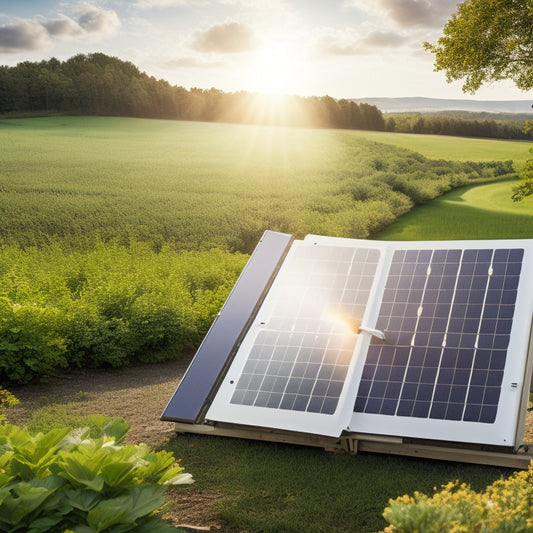 A serene, sunny landscape with a row of solar panels installed on a rooftop, surrounded by lush greenery, with a subtle, faded calendar in the background, its pages turning from year 1 to 25.