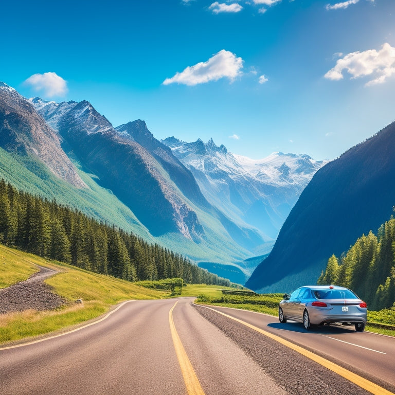 A scenic highway unwinds through a majestic mountain range, with a sleek electric vehicle in the distance, surrounded by lush green forests, under a bright blue sky with a few puffy white clouds.