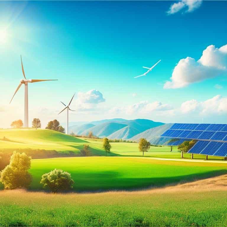 An illustration of a serene landscape with a mix of wind turbines and solar panels, surrounded by lush greenery and a bright blue sky with a few white, puffy clouds.