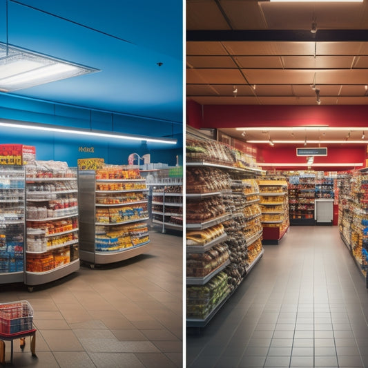 A split-screen illustration of a dimly lit, cluttered retail store with wasteful lighting and inefficient equipment, contrasted with a bright, modern, and organized store with energy-efficient solutions.