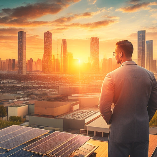 An illustration of a person standing in front of a cityscape at sunset, surrounded by various solar panels with different textures, shapes, and sizes, with subtle hints of circuitry and wiring.