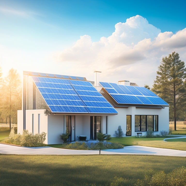 An illustration of a solar panel array connected to a battery bank, with energy flowing through wires, surrounded by a modern home, trees, and a sunny blue sky with fluffy white clouds.