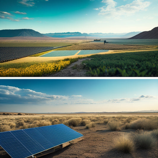 A split-screen image: a pristine landscape with a few solar panels in the distance, versus a cluttered, polluted landscape with broken, discarded solar panels and manufacturing waste.