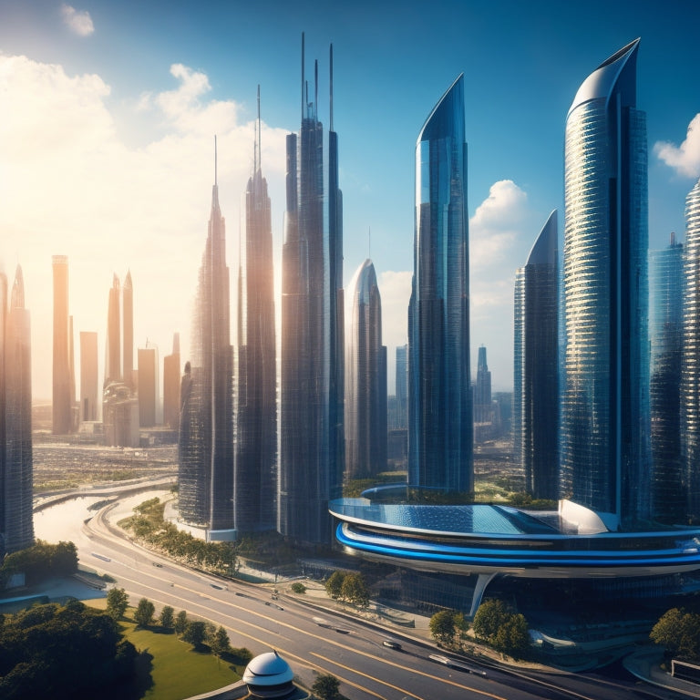 A futuristic, sprawling metropolis with sleek, modern skyscrapers, each adorned with sleek, black solar panels, angled for optimal energy absorption, amidst a bright blue sky with puffy white clouds.