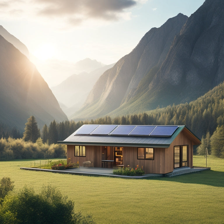 A serene off-grid cabin surrounded by lush greenery, with a sleek solar panel array on the roof, a battery bank in the foreground, and a subtle mountain range in the distant background.