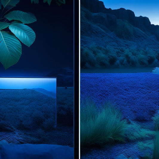 A split-screen image: on the left, a dull, dusty PV panel with a faint blue glow, surrounded by dry, cracked earth; on the right, a shiny, clean panel with a vibrant blue glow, amidst lush greenery.